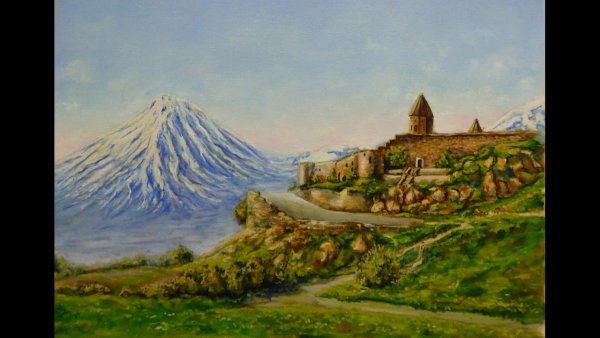 Картина пейзаж Арарат Армения и Церковь
