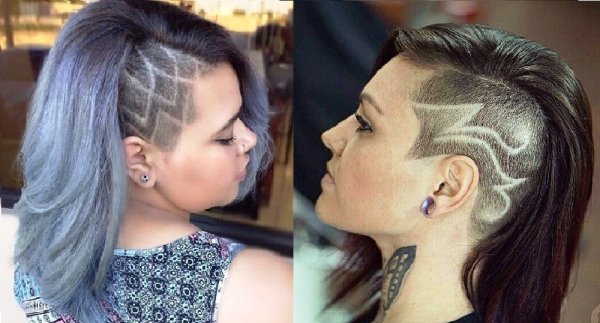 Выбритые узоры на висках у девушек