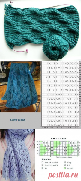 Вязание спицами шарфа ажурным узором