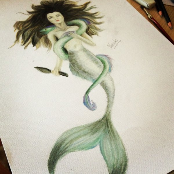 Русалка цветными карандашами