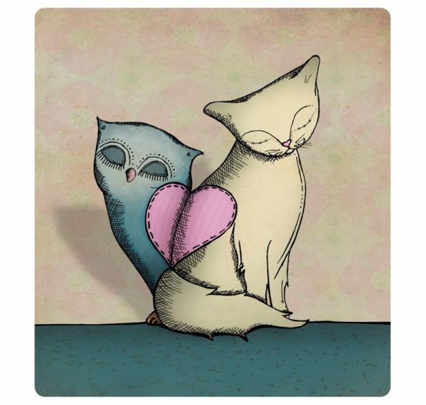 Кот обнимает сову