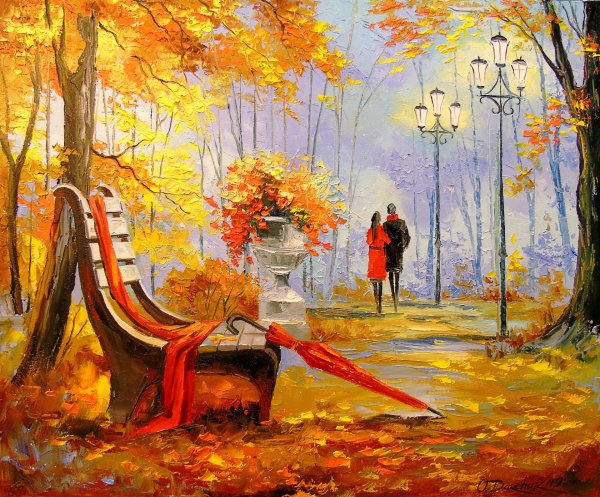 Осенний пейзаж цветными карандашами