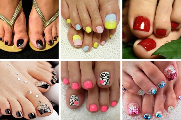 Красный педикюр с цветочками