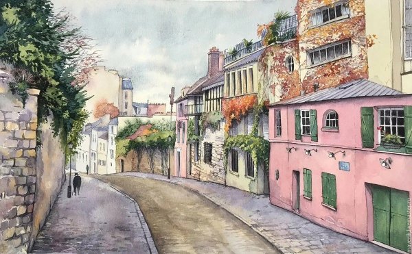 Улочки Монмартра Париж Франция акварелью