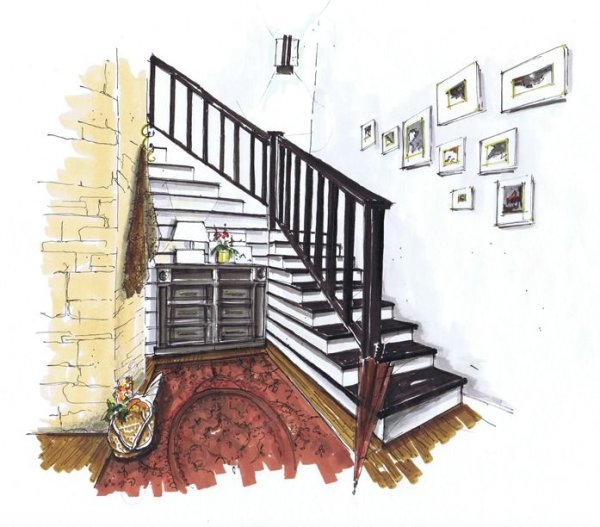 Интерьер с лестницей скетч