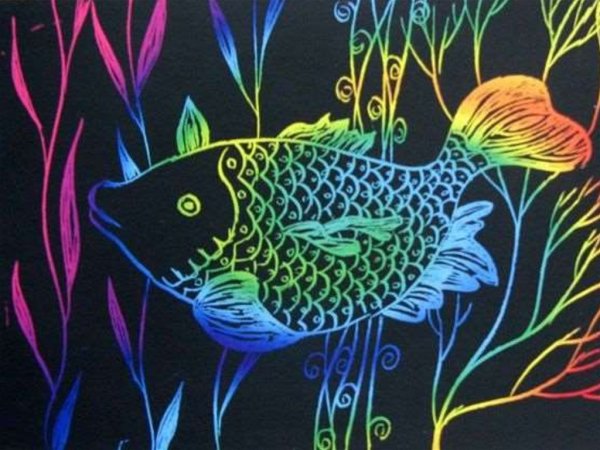 «Подводное царство» (граттаж + восковые мелки)