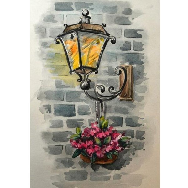 Уличный фонарь акварелью