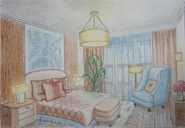 Эскиз интерьера комнаты в цвете