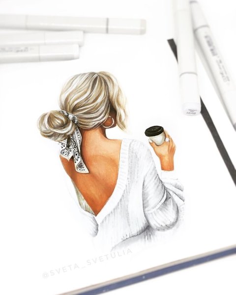 Дквушкс с кофе нарисованная