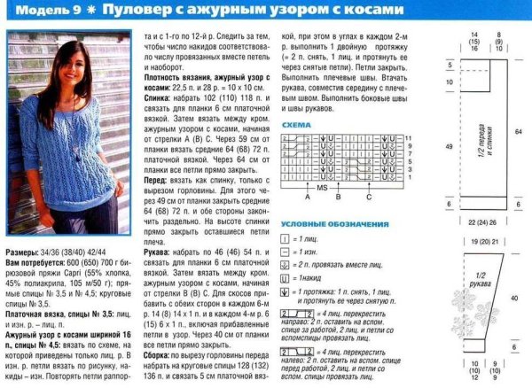 Пуловер из хлопка спицами для женщин со схемами