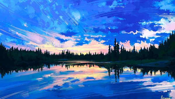 Картина с лодкой на реке