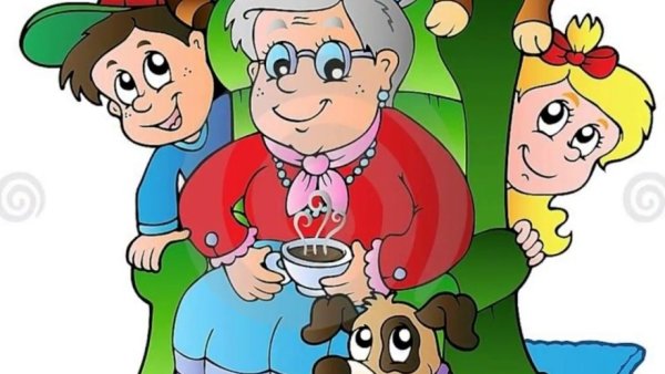 Мультяшная бабушка с внуками