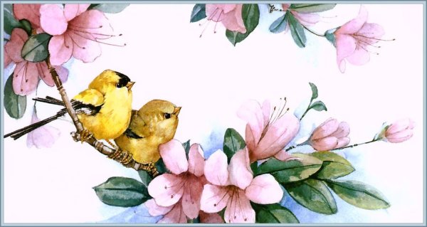 Весенние птички с цветами акварелью