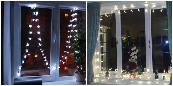 Украшение окна гирляндой