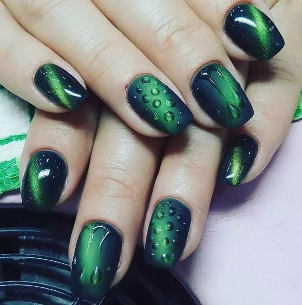 Маникюр 2022 кошачий глаз зеленый