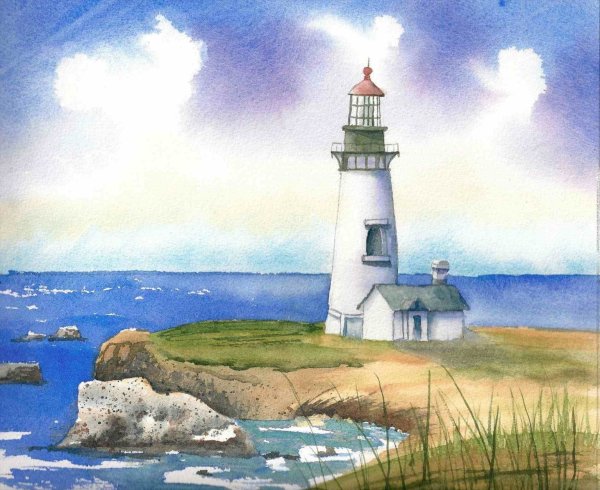 Маяк акварелью