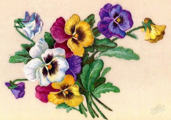 Вышивка гладью Анютины глазки