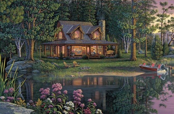 Пейзаж домик в лесу