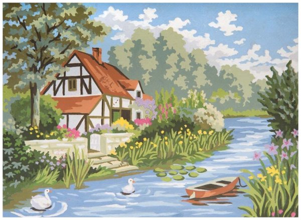 Вышивка дом у реки