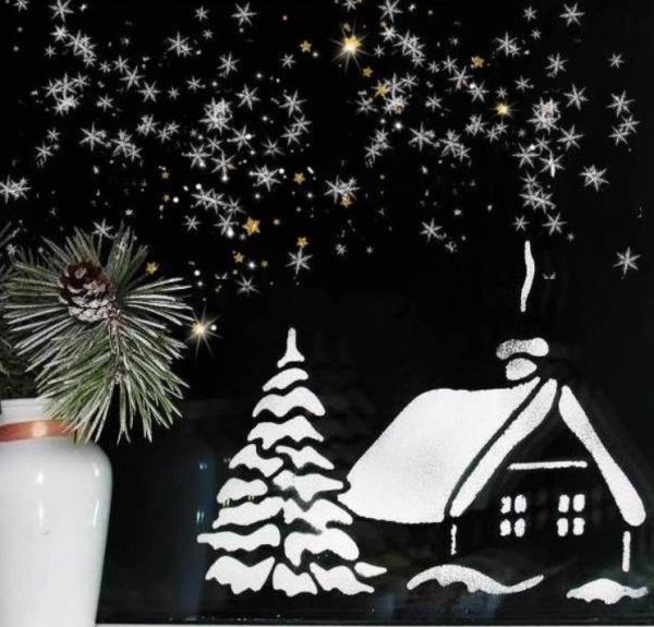 Украшение окон спреем снегом