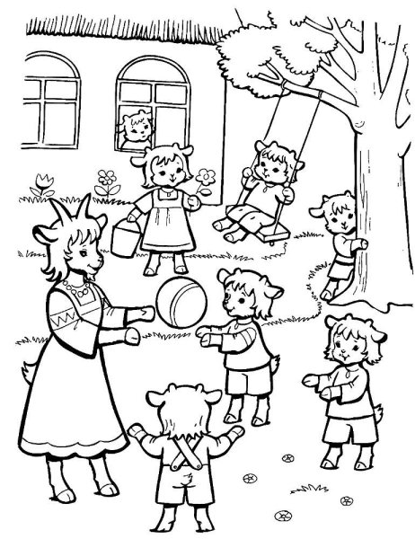 Раскраски к сказке волк и семеро козлят для детей