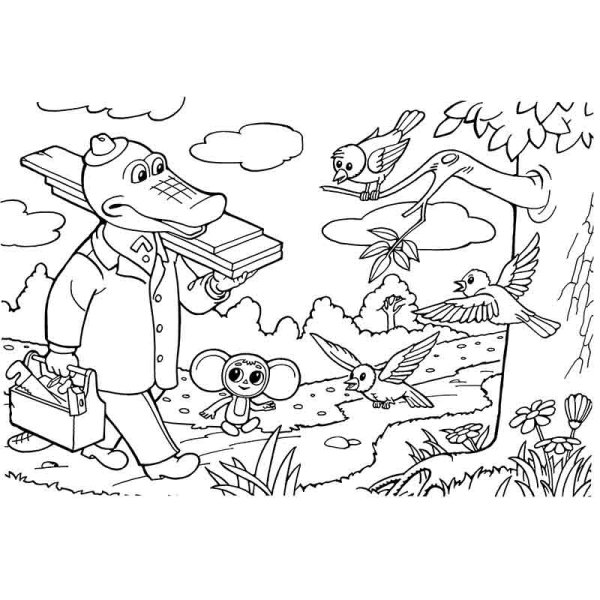 Крокодил Гена и Чебурашка раскраска