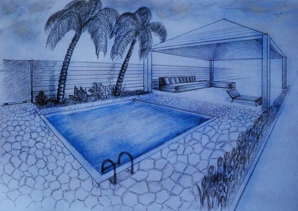 Нарисовать дом с бассейном