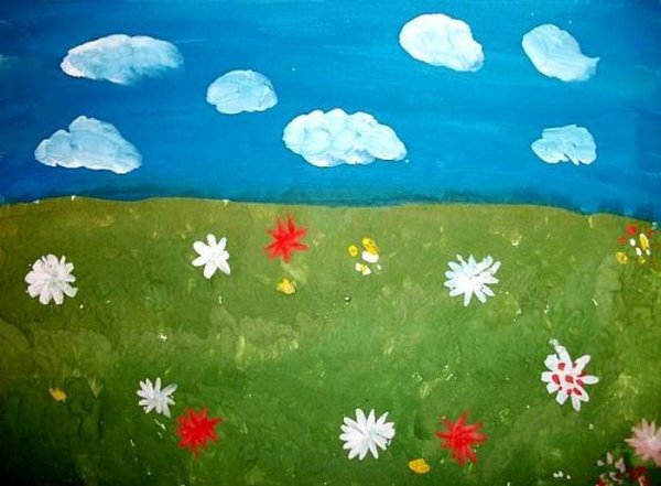 Поляна с цветами гуашь
