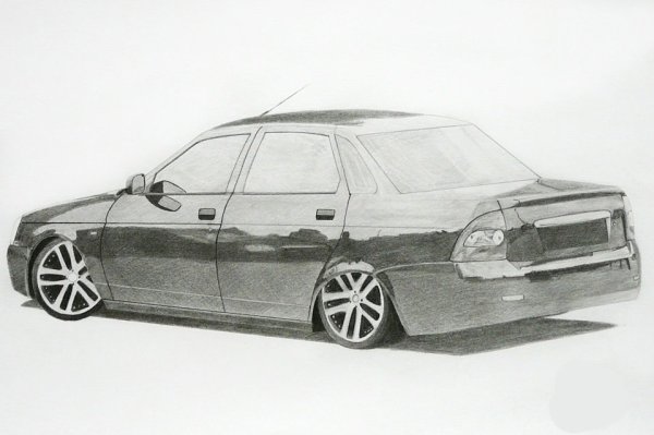 Машины рисунок карандашом сбоку Лада Приора