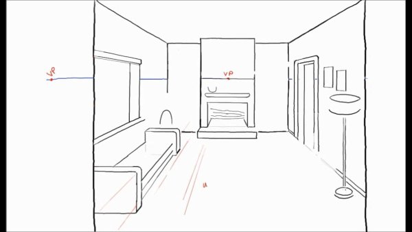Зарисовка интерьера в угловой перспективе