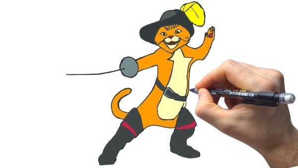 Кот в сапогах рисовать поэтапно