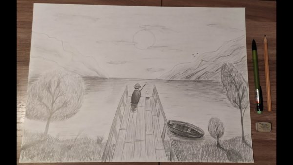 Пейзаж карандашом рыбалка