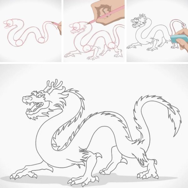 Поэтапный рисунок китайского дракона