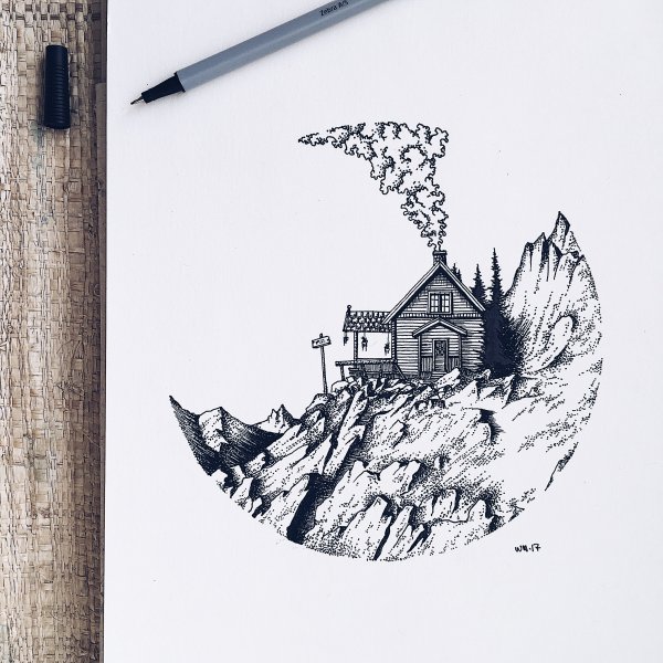 Пейзаж гелевой ручкой