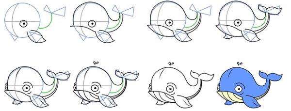 Поэтапные схемы рисования кита для детей