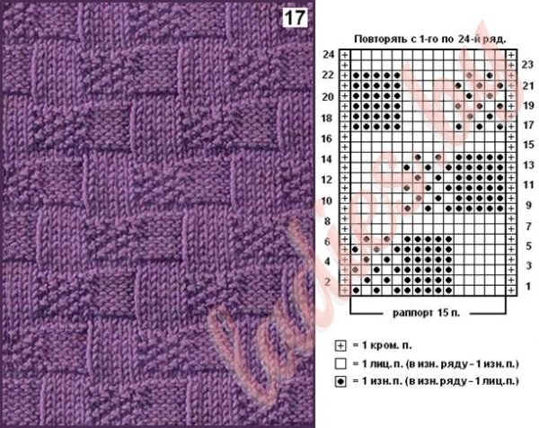 Схема вязания рельефных квадратов спицами