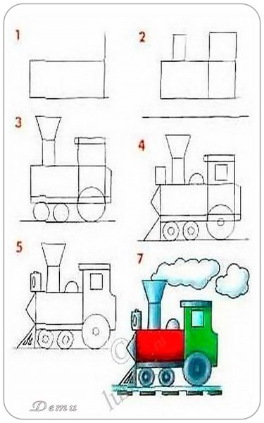 Поэтапное рисование паровоза для детей