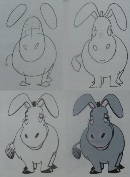 Поэтапное рисование ослика для детей