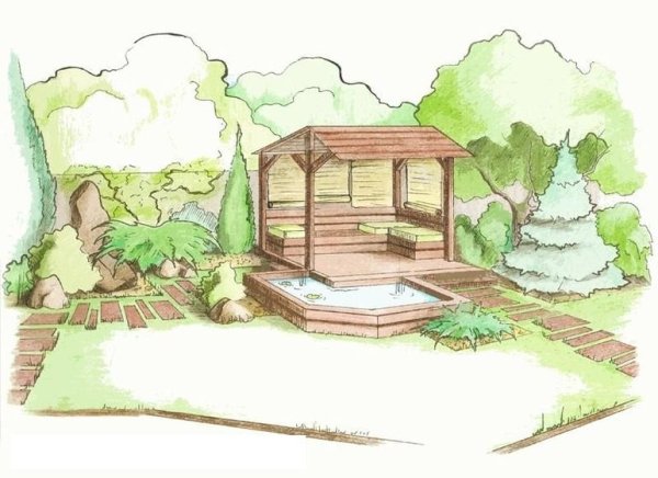 Беседка в саду карандашом