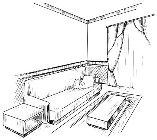 Интерьер в угловой перспективе карандашом