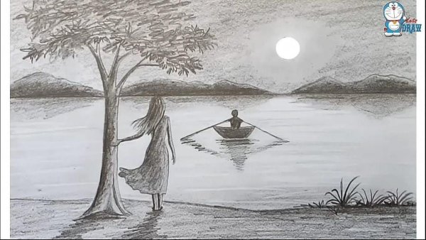 Летний пейзаж цветными карандашами