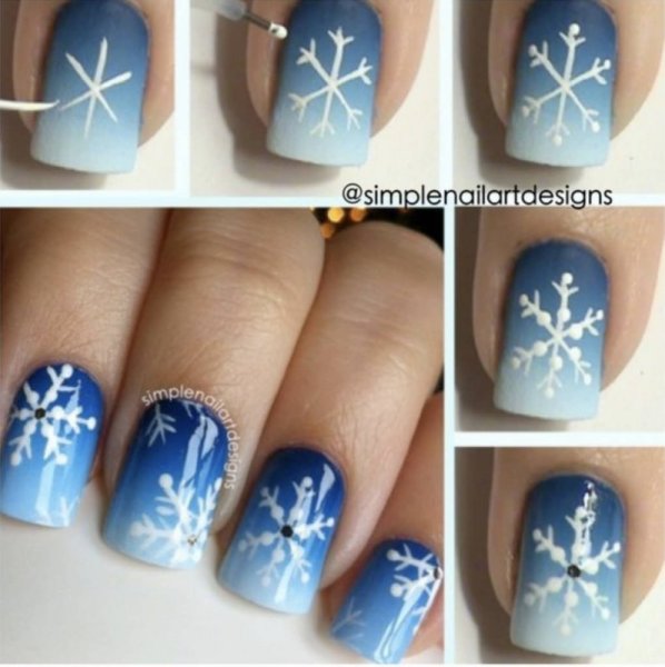 Рисование снежинки на ногтях