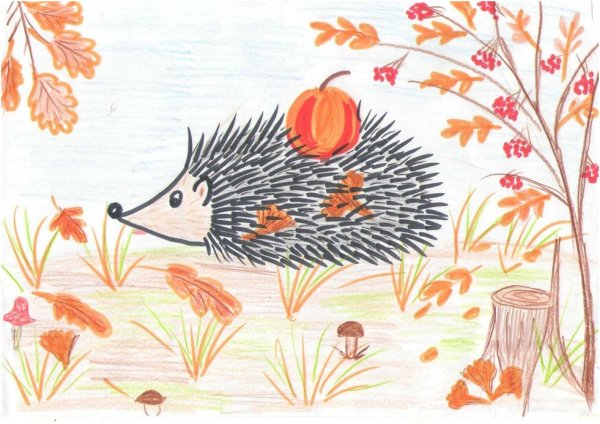 Осенний пейзаж цветными карандашами