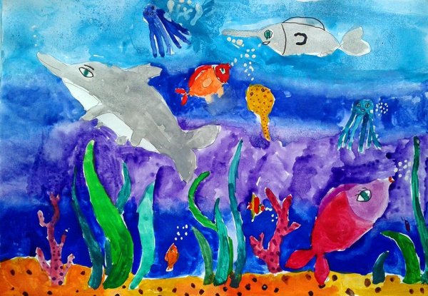 «Подводное царство» (граттаж + восковые мелки)
