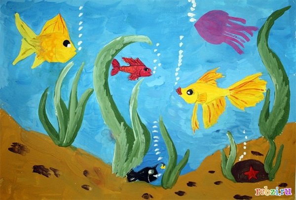 1. «Подводное царство» (восковые мелки, акварель)