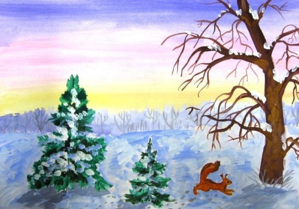 Зимний пейзаж карандашом