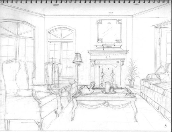 Комната с камином в перспективе