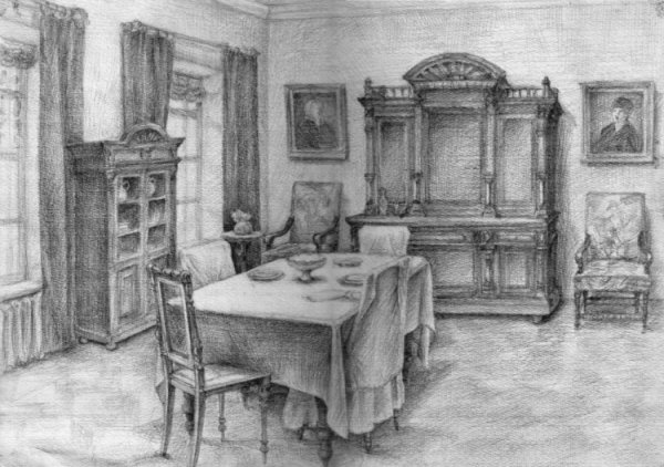 Интерьер дворянской усадьбы карандашом