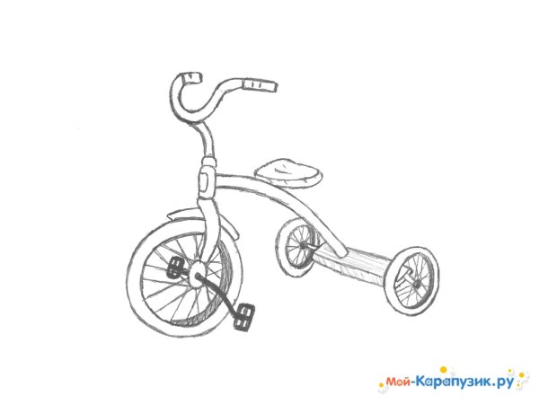 Рисунок трехколесного велосипеда с корзинкой сзади карандашом