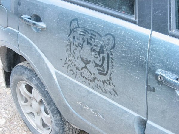 Рисунки на грязном стекле автомобиля